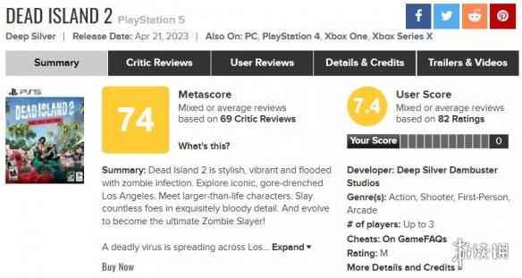 《死亡岛2》M站用户评分出炉：玩家认为比《消光2》好