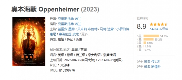 电影《奥本海默》11月21日上线数字平台！豆瓣8.9分