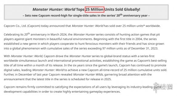 卡普空宣布《怪物猎人世界》全球累计销量突破2500万!