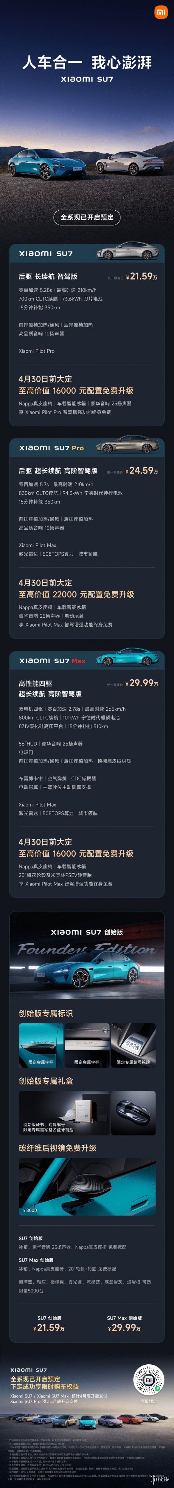 小米纯电动轿车SU7正式公布 标准版售价21.59万元！