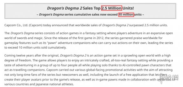 《龙之信条2》销量突破250万！系列总销量超1000万！