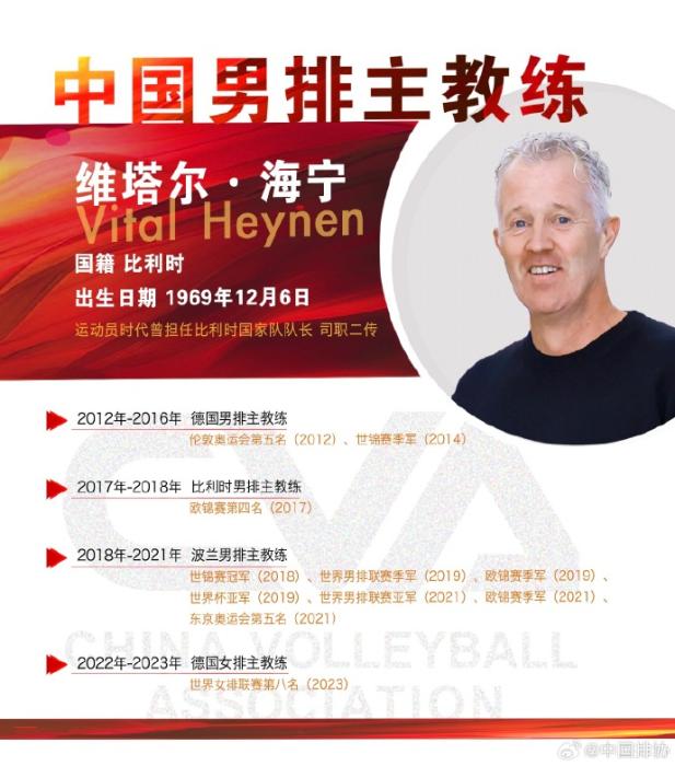 中国排协：聘任比利时籍教练维塔尔·海宁为中国男排主教练