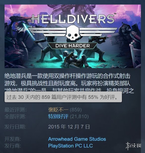 《绝地潜兵2》Steam最近评测为差评如潮 前作遭受波及