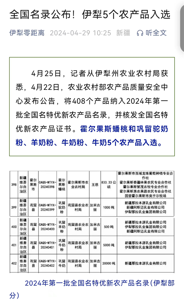2024年第一批全国名特优新农产品目录，那拉本源乳业榜上有名！