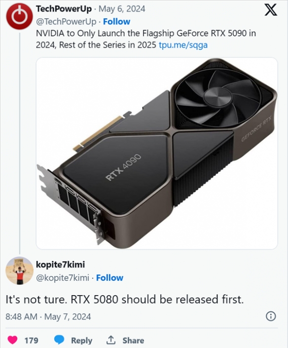 倒反天罡！曝料者声称RTX 5080将比RTX 5090提前发布