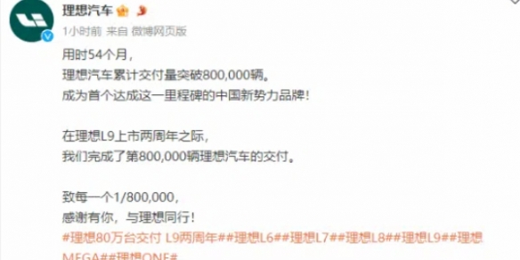 中国新势力第一！理想汽车54个月累计交付超80万辆