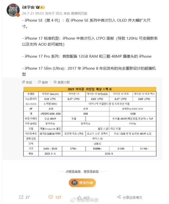 爆料：苹果2025年iPhone 17系列 iPhone SE 4配置