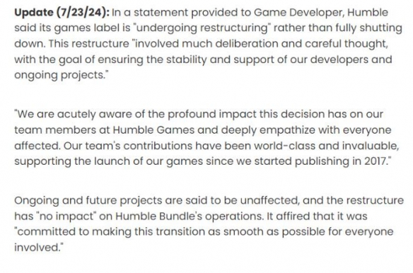 Humble Games重大重组，承诺游戏运营与开发不受影响