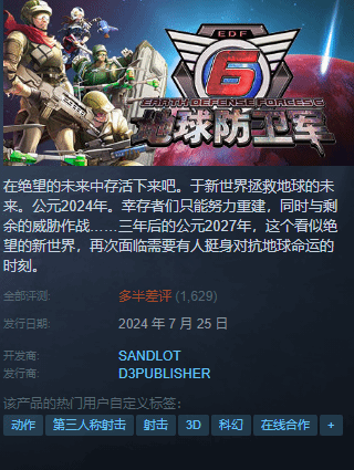 《地球防卫军6》Steam多半差评 强行锁帧，售价离谱
