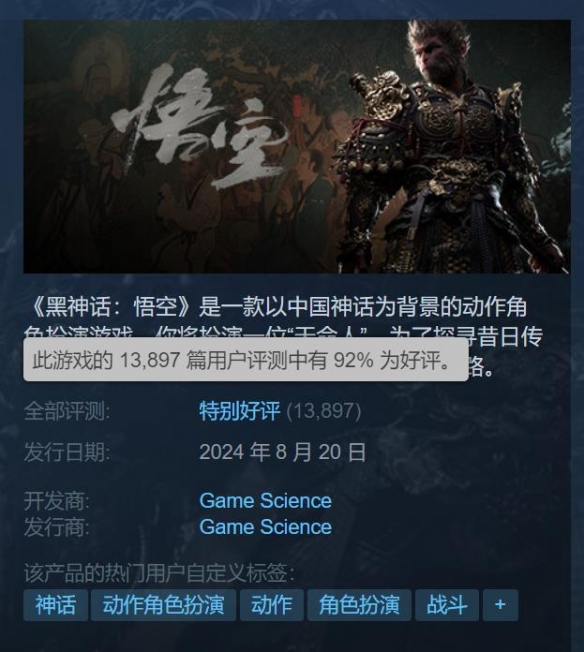 还在持续上升！《黑神话：悟空》好评率现已突破90%