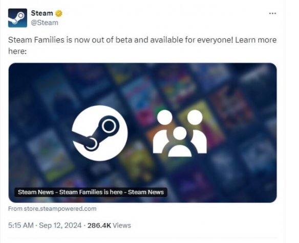 Steam正式推出家庭共享功能，可与五名成员共享游戏库