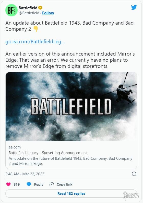 EA宣布4月28日将下架《战地1943》等3款《战地》游戏