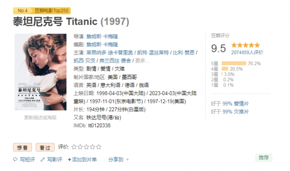 《泰坦尼克号》重映预售！4K3D高清重制版定档4月3日