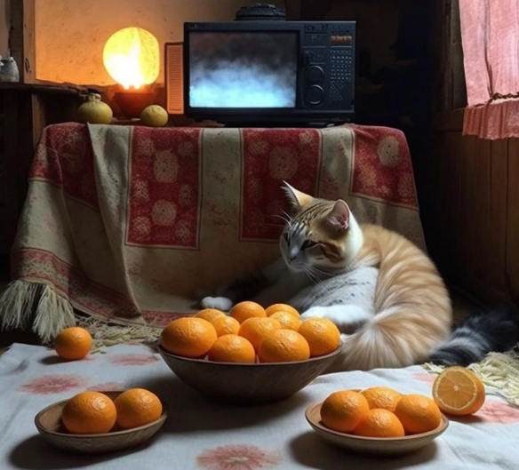 网友分享AI绘制《暖桌与橘子》：充满诡异与恐怖气氛