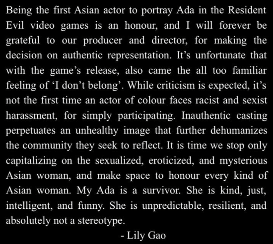 《生化4》艾达王配音首次发声：请尊重各类亚裔女性！