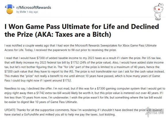玩家获得终身XGP奖品却无耐拒绝！因为在美国要付税！