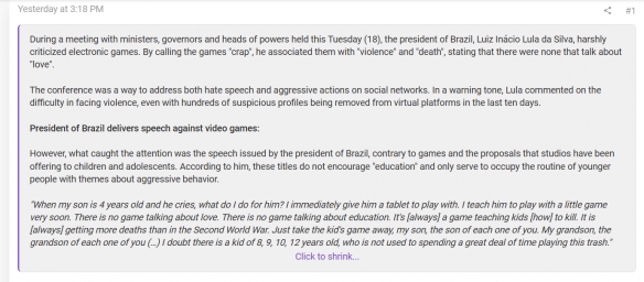 现任巴西总统称电子游戏是垃圾！只会教孩子们杀戮！