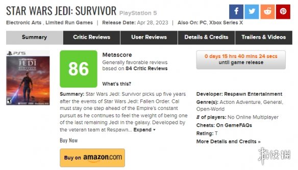 《星球大战绝地：幸存者》媒体评分出炉：MC均分86